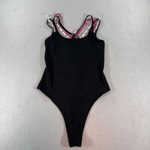 Victoria Sport Ribbed Bodysuit Womens Black Strappy Crisscross Logo